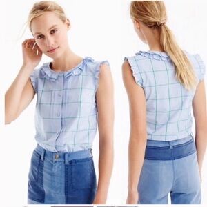J. Crew Sleeveless Button-Down, blue and green windowpane check, ruffled, size 0